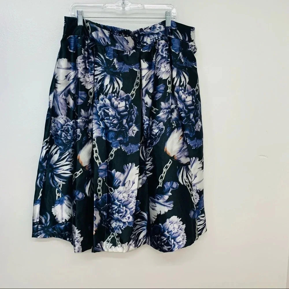 Black Purple Floral Midi Skirt‎ 3X Pull On Full Flowy Pockets Lined Whimsy Goth